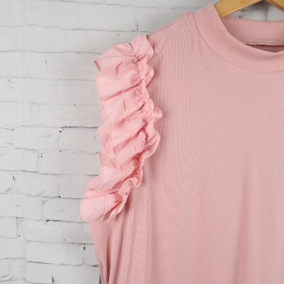 SHEIN CURVE PINK SHORT RUFFLE SLEEVE CREW NECK RIBBED TOP SIZE 4XL - Picture 4 of 5